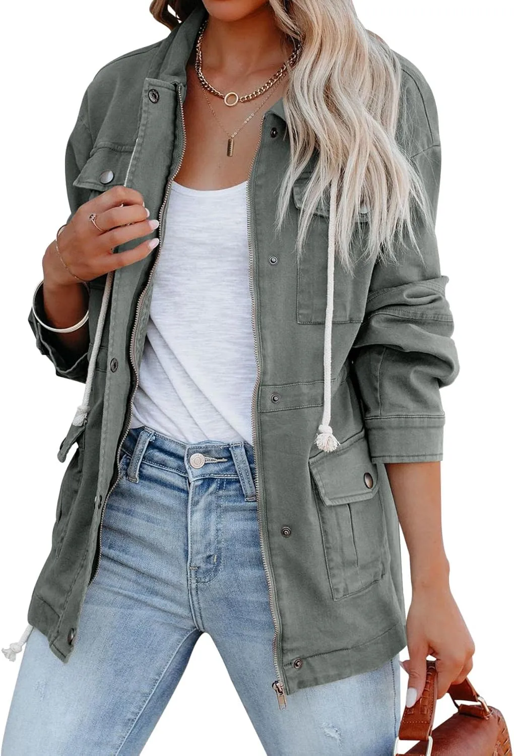 Ebifin Womens Military Anorak Jacket Zip Up Snap Buttons Lightweight Safari Utility Coat Outwear With Pockets