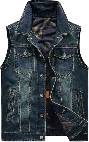 ebossy Men's Multi-Pocket Distressed Denim Vest Relaxed Fit Sleeveless Letter Printed Washed Tucker Jean Jacket
