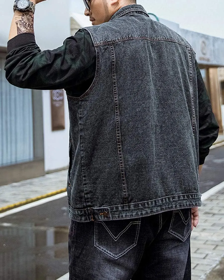 ebossy Men's Relaxed Fit Vintage Wash Premium Denim Vest Jacket with Paisley Detail