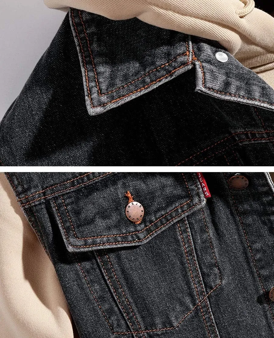 ebossy Men's Relaxed Fit Vintage Wash Premium Denim Vest Jacket with Paisley Detail