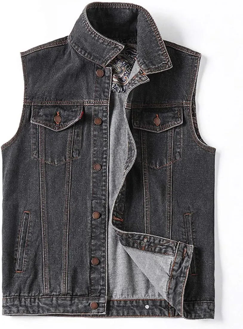 ebossy Men's Relaxed Fit Vintage Wash Premium Denim Vest Jacket with Paisley Detail