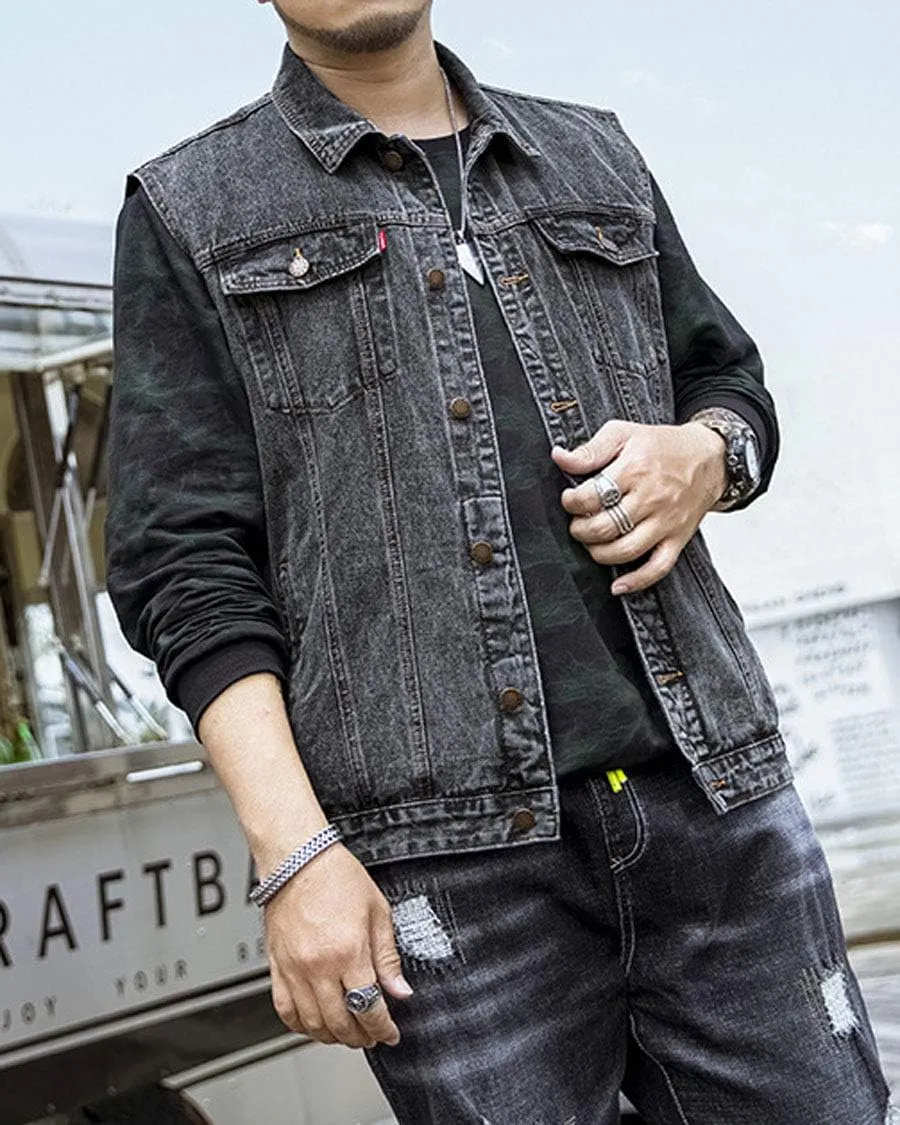 ebossy Men's Relaxed Fit Vintage Wash Premium Denim Vest Jacket with Paisley Detail