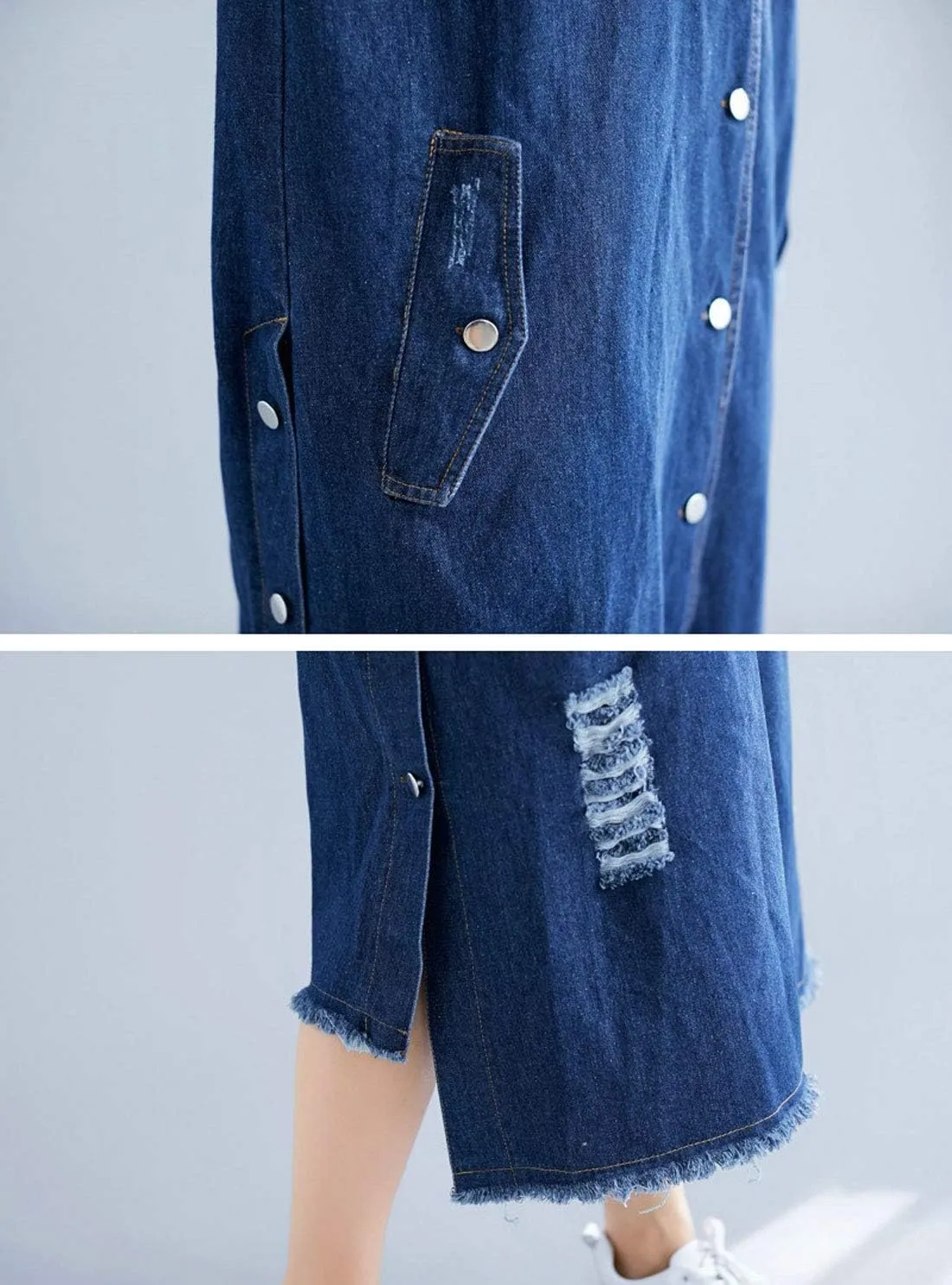 ebossy Women's Relaxed Boyfriend Distressed Denim Jacket Long Coat with Removable Hood