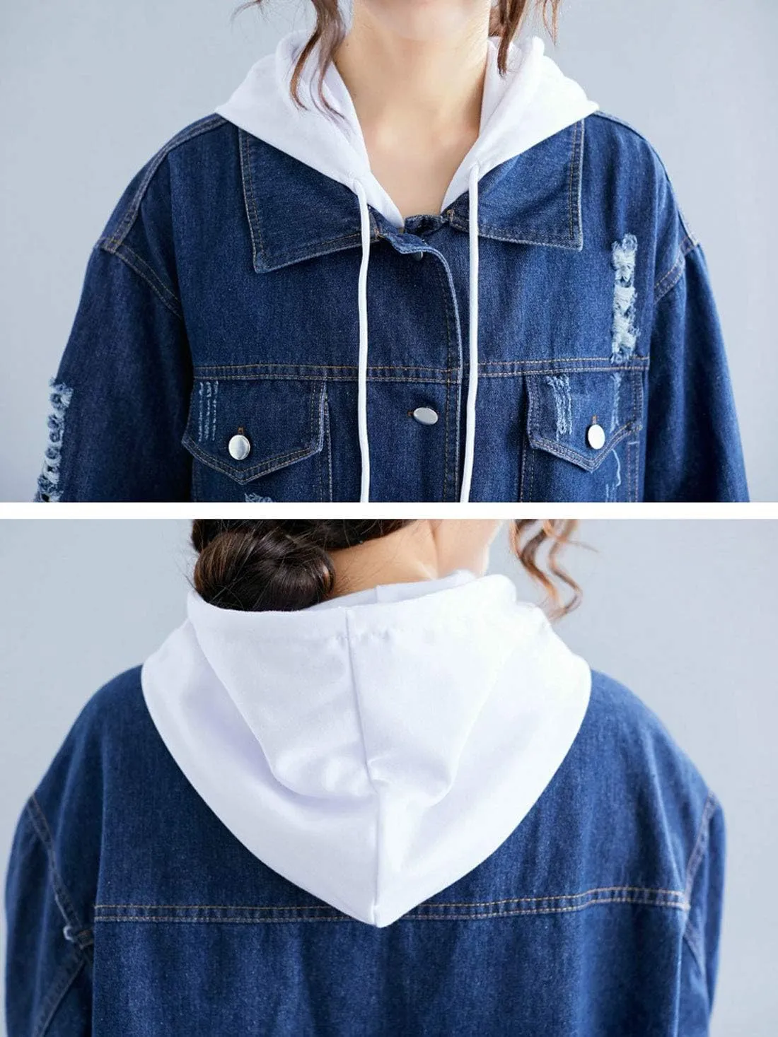 ebossy Women's Relaxed Boyfriend Distressed Denim Jacket Long Coat with Removable Hood