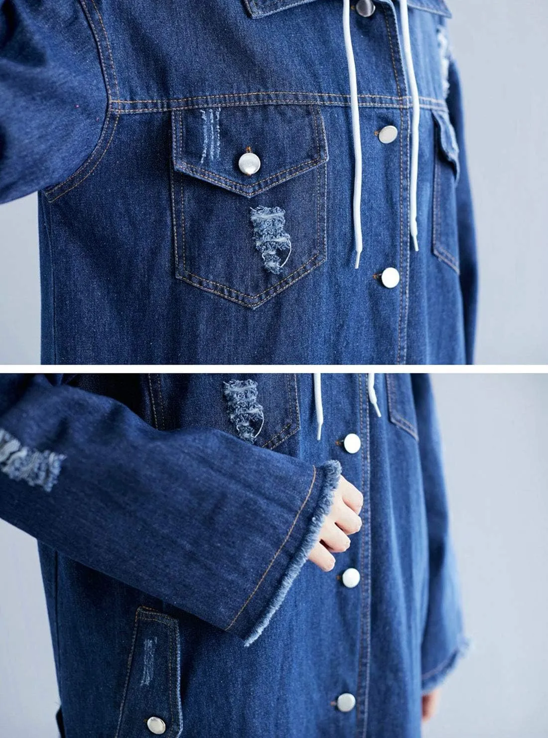 ebossy Women's Relaxed Boyfriend Distressed Denim Jacket Long Coat with Removable Hood
