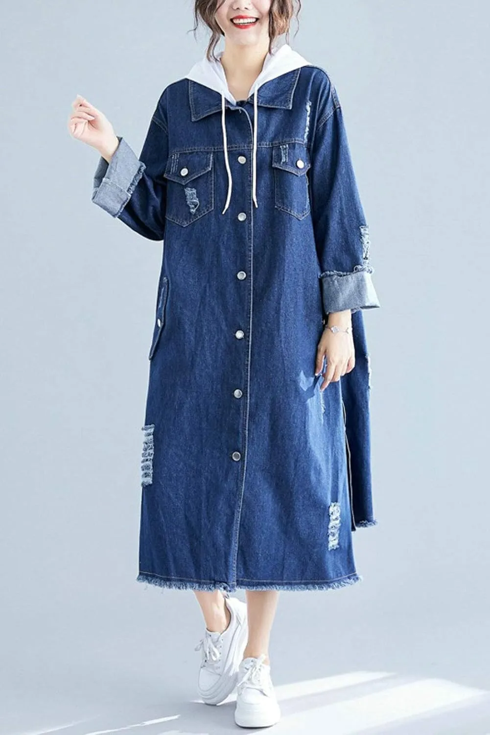 ebossy Women's Relaxed Boyfriend Distressed Denim Jacket Long Coat with Removable Hood
