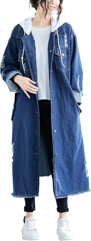ebossy Women's Relaxed Boyfriend Distressed Denim Jacket Long Coat with Removable Hood