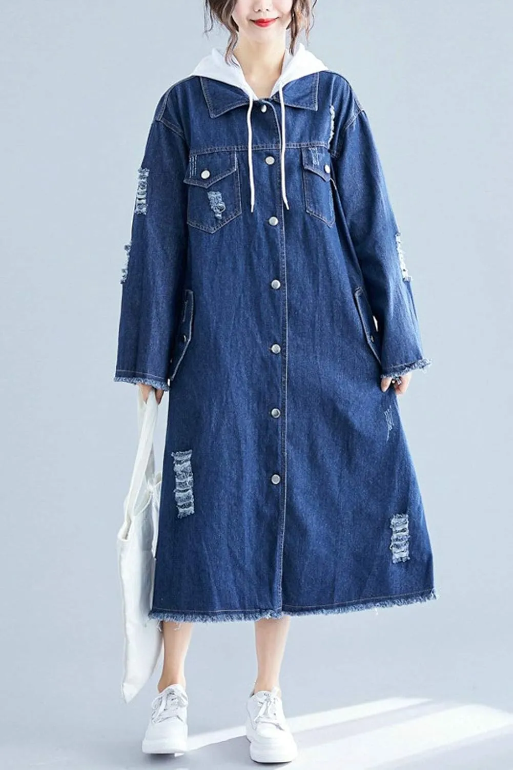 ebossy Women's Relaxed Boyfriend Distressed Denim Jacket Long Coat with Removable Hood