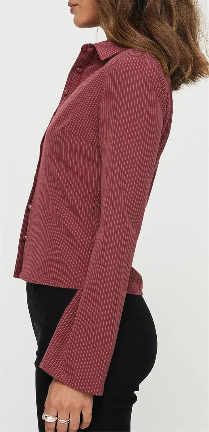 ECHOINE Women Button Down Shirts Long Sleeves Slim Fitted Casual Collared Blouses Work Striped Tops