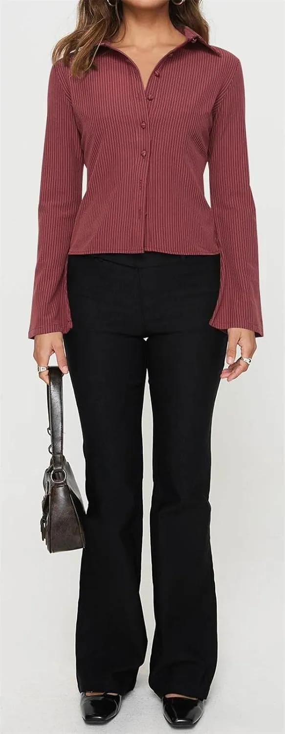 ECHOINE Women Button Down Shirts Long Sleeves Slim Fitted Casual Collared Blouses Work Striped Tops
