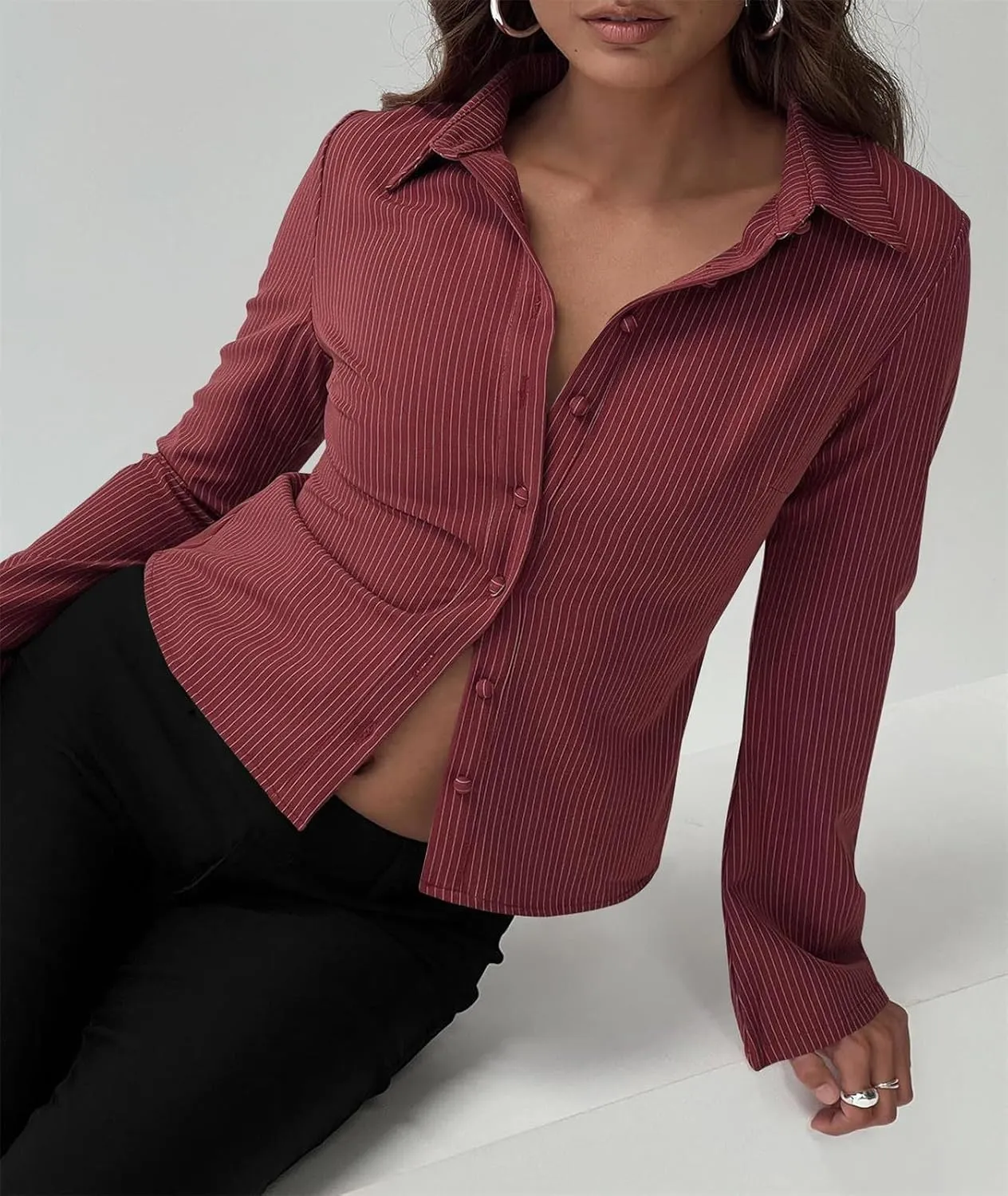 ECHOINE Women Button Down Shirts Long Sleeves Slim Fitted Casual Collared Blouses Work Striped Tops