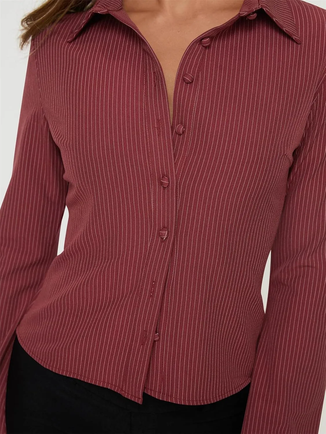 ECHOINE Women Button Down Shirts Long Sleeves Slim Fitted Casual Collared Blouses Work Striped Tops