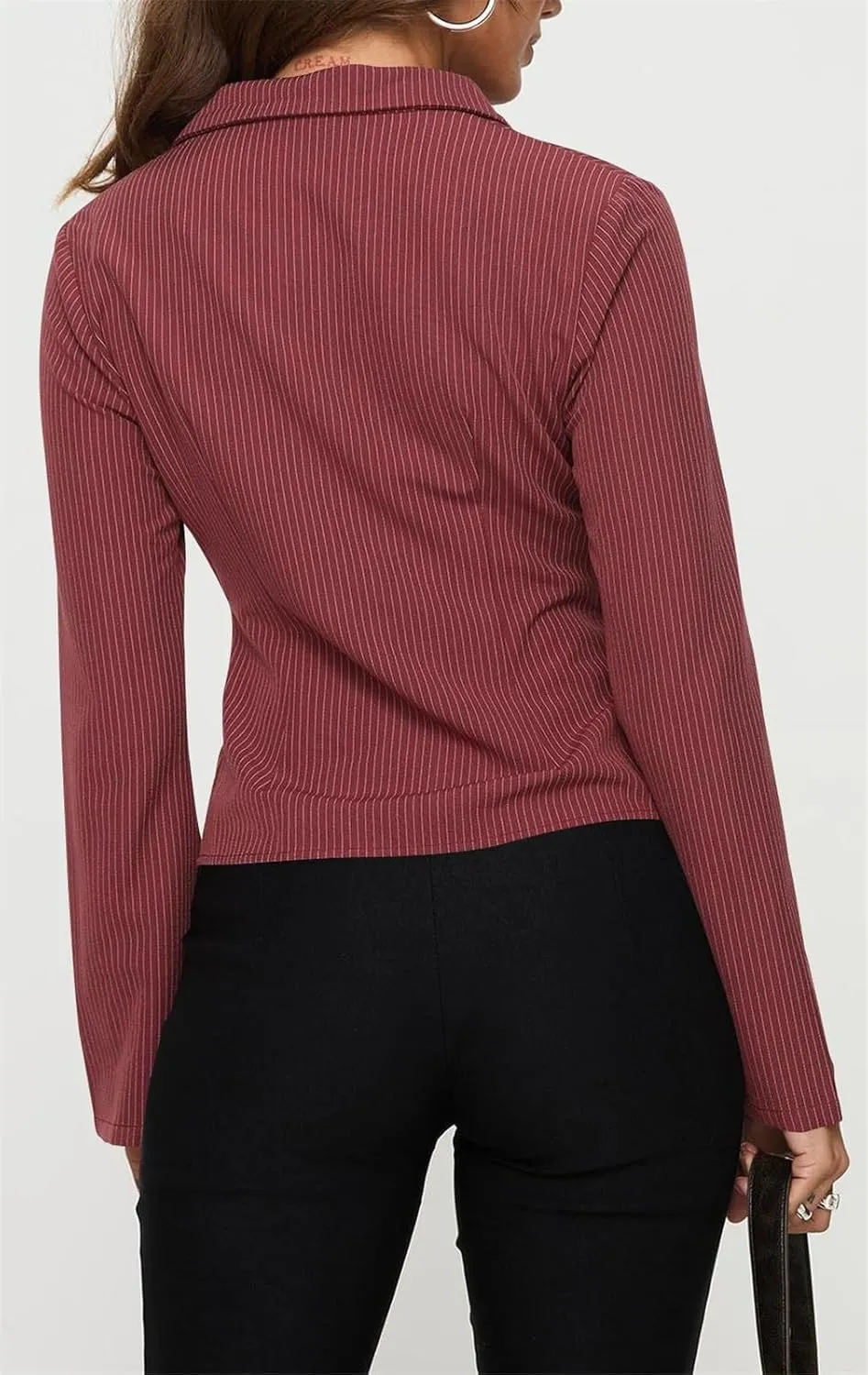 ECHOINE Women Button Down Shirts Long Sleeves Slim Fitted Casual Collared Blouses Work Striped Tops