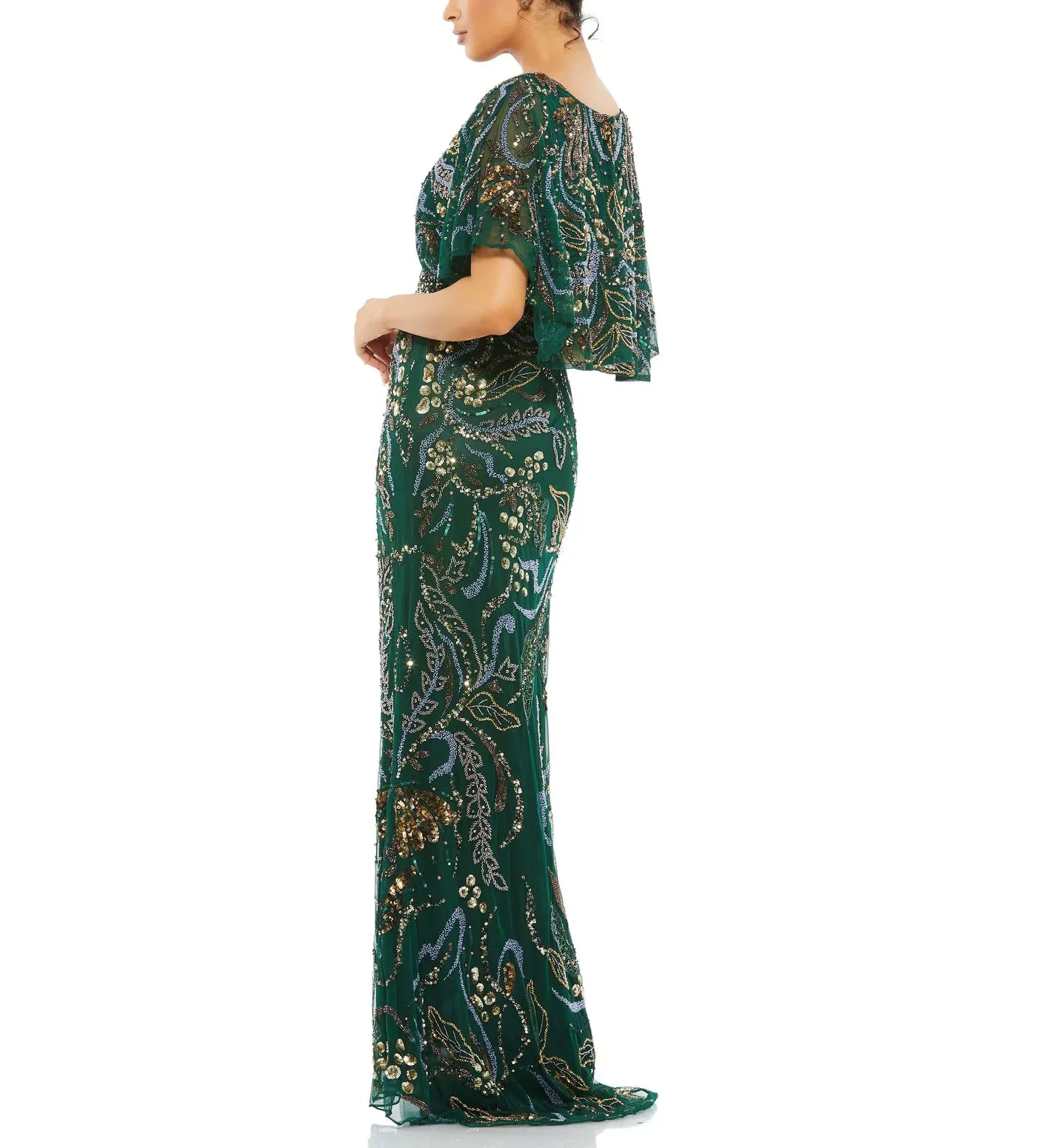 Embellished Cape Sleeve Column Gown