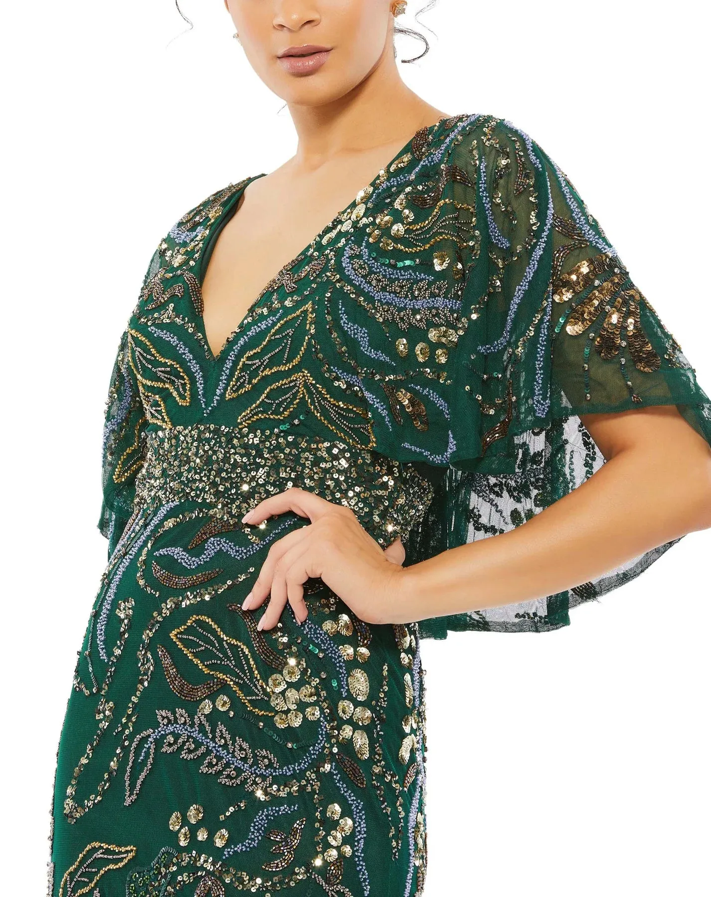 Embellished Cape Sleeve Column Gown