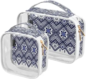 Ethnic Geometric Graphics 2 Pieces Clear Makeup Cosmetic Bags for Traveling Vacation Organizing, Toiletry Bags for Women Men, PVC Waterproof Travel Organizer