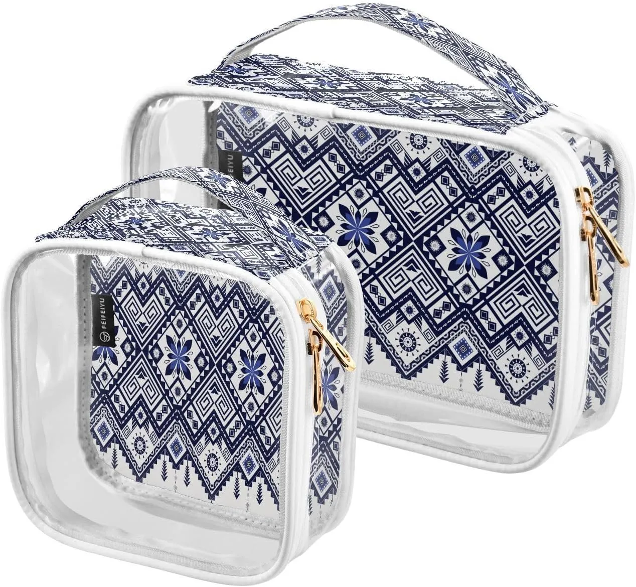 Ethnic Geometric Graphics 2 Pieces Clear Makeup Cosmetic Bags for Traveling Vacation Organizing, Toiletry Bags for Women Men, PVC Waterproof Travel Organizer