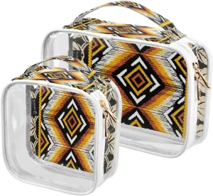 Ethnic Geometric Print 2 Pieces Clear Makeup Cosmetic Bags for Traveling Vacation Organizing, Toiletry Bags for Women Men, PVC Waterproof Travel Organizer