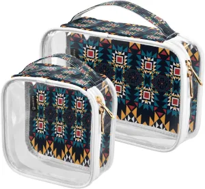 Ethnic Geometric Theme 2 Pieces Clear Makeup Cosmetic Bags for Traveling Vacation Organizing, Toiletry Bags for Women Men, PVC Waterproof Travel Organizer