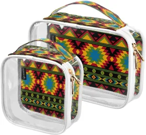 Ethnic Multicolored 2 Pieces Clear Makeup Cosmetic Bags for Traveling Vacation Organizing, Toiletry Bags for Women Men, PVC Waterproof Travel Organizer