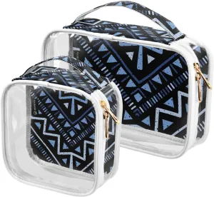 Ethnic Zigzag 2 Pieces Clear Makeup Cosmetic Bags for Traveling Vacation Organizing, Toiletry Bags for Women Men, PVC Waterproof Travel Organizer