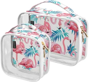 Flamingo-bird-tropical-flowers 2 Pieces Clear Makeup Cosmetic Bags for Traveling Vacation Organizing, Toiletry Bags for Women Men, PVC Waterproof Travel Organizer
