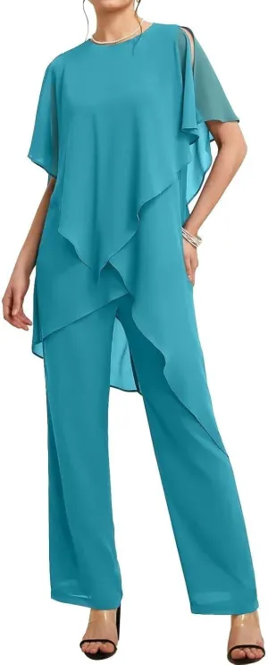 Floor Length Mother of The Bride Pant Suits for Women with Chiffon Two-Piece Short Sleeve Mother of The Groom Gowns