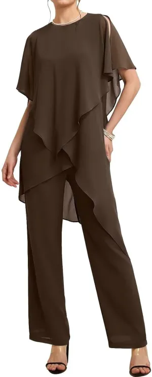 Floor Length Mother of The Bride Pant Suits for Women with Chiffon Two-Piece Short Sleeve Mother of The Groom Gowns
