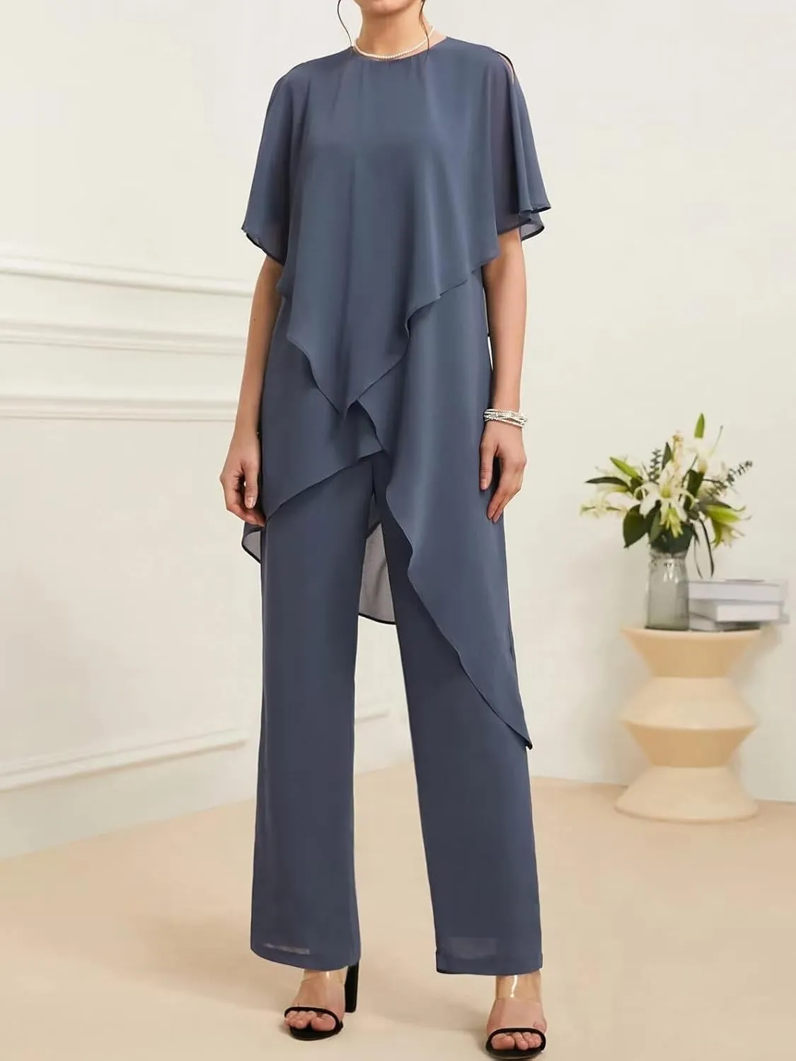 Floor Length Mother of The Bride Pant Suits for Women with Chiffon Two-Piece Short Sleeve Mother of The Groom Gowns