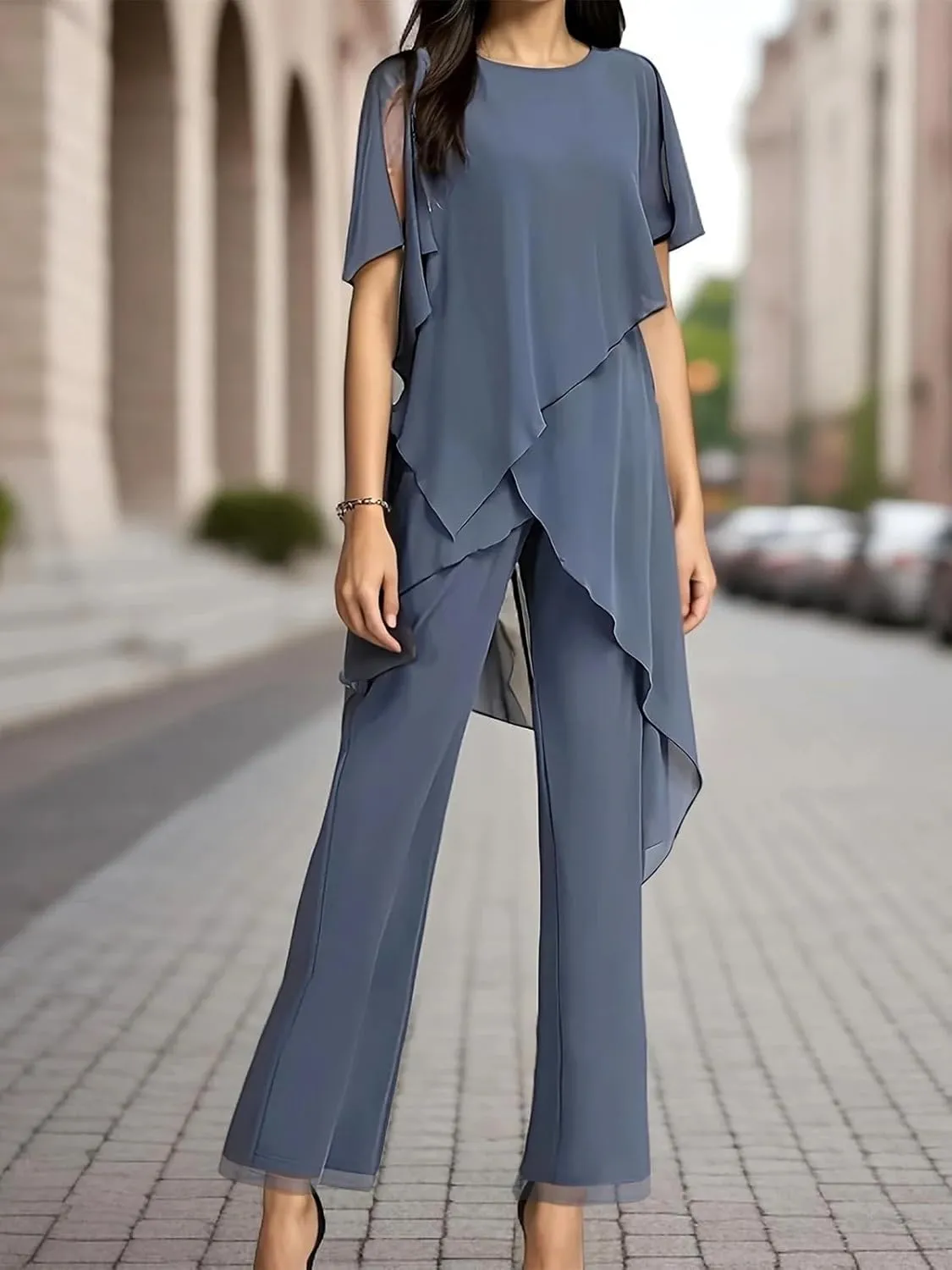 Floor Length Mother of The Bride Pant Suits for Women with Chiffon Two-Piece Short Sleeve Mother of The Groom Gowns