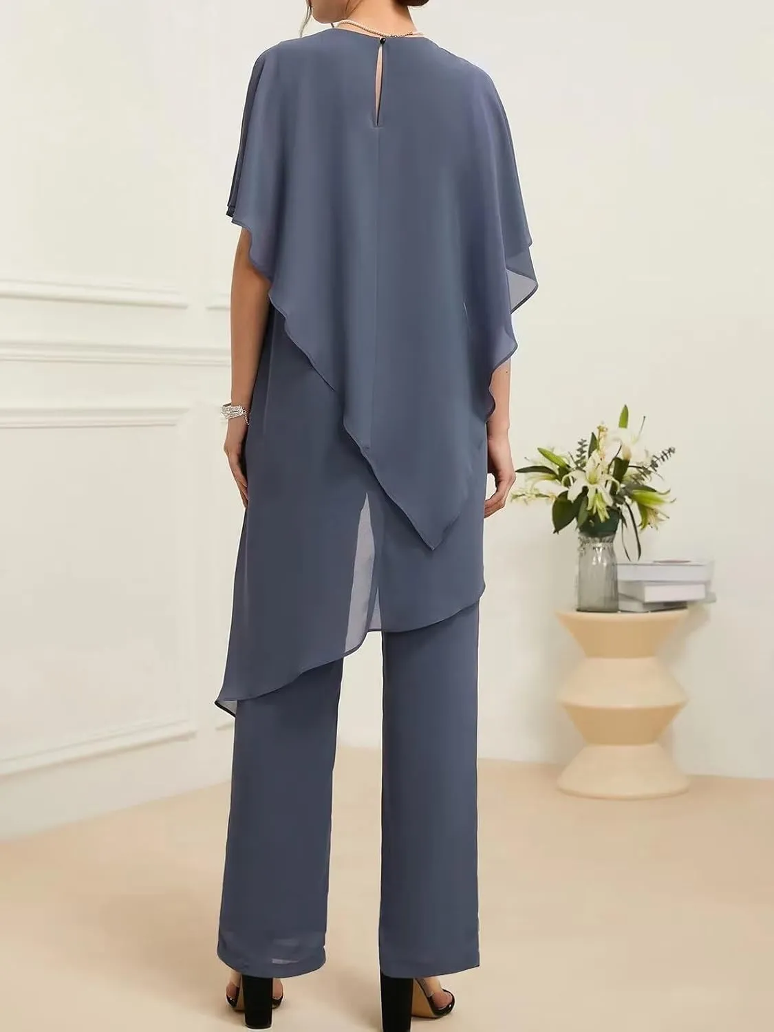 Floor Length Mother of The Bride Pant Suits for Women with Chiffon Two-Piece Short Sleeve Mother of The Groom Gowns