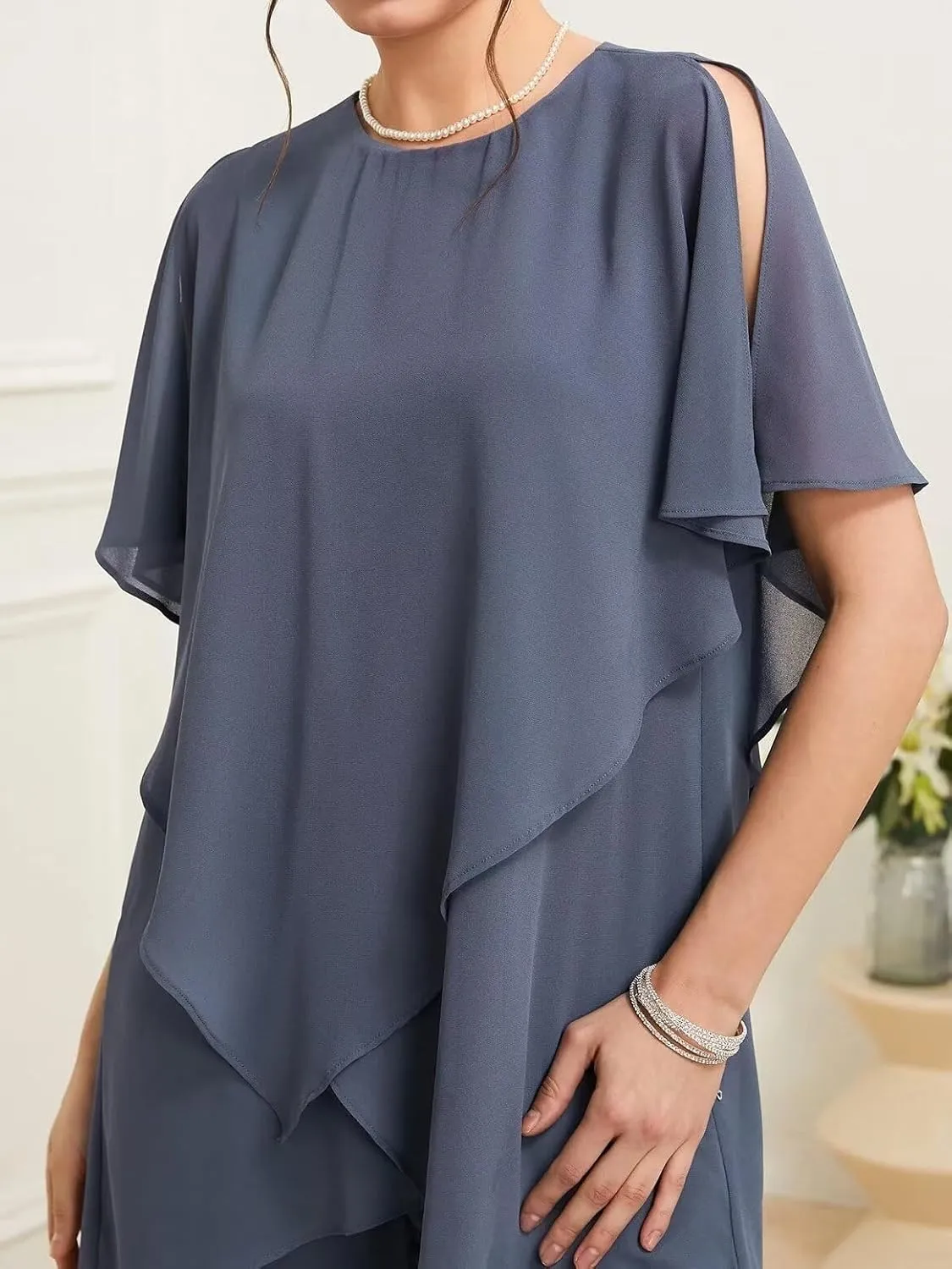 Floor Length Mother of The Bride Pant Suits for Women with Chiffon Two-Piece Short Sleeve Mother of The Groom Gowns