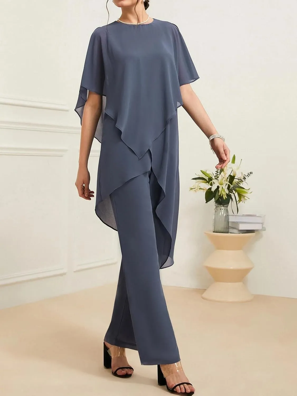 Floor Length Mother of The Bride Pant Suits for Women with Chiffon Two-Piece Short Sleeve Mother of The Groom Gowns