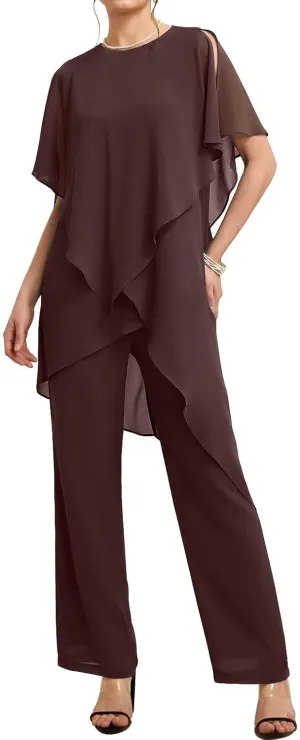 Floor Length Mother of The Bride Pant Suits for Women with Chiffon Two-Piece Short Sleeve Mother of The Groom Gowns