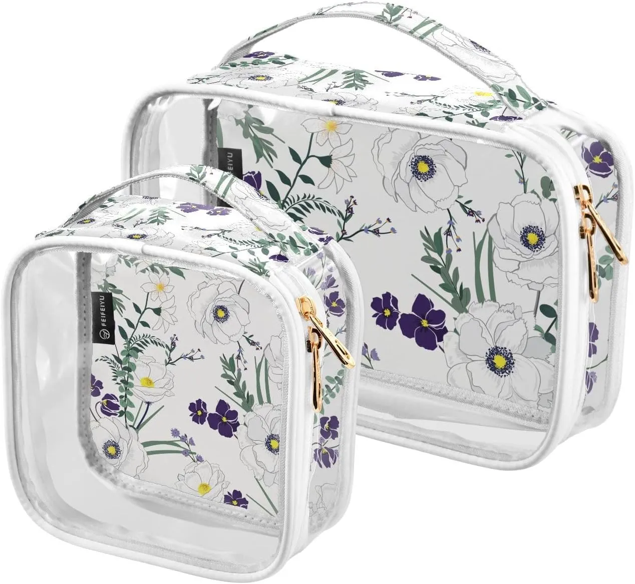 Floral 2 Pieces Clear Makeup Cosmetic Bags for Traveling Vacation Organizing, Toiletry Bags for Women Men, PVC Waterproof Travel Organizer