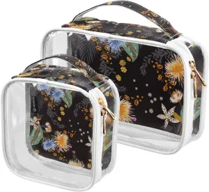 Floral-flowers 2 Pieces Clear Makeup Cosmetic Bags for Traveling Vacation Organizing, Toiletry Bags for Women Men, PVC Waterproof Travel Organizer