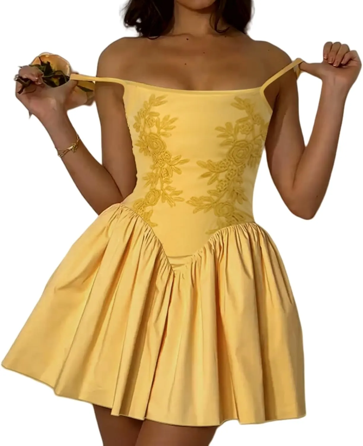 Floral Mini Dress Women Summer Spaghetti Strap Embroidery Ruffle Dress
