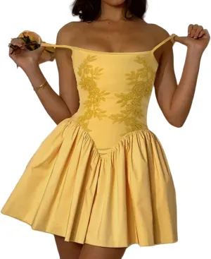 Floral Mini Dress Women Summer Spaghetti Strap Embroidery Ruffle Dress