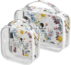 Floral Theme 2 Pieces Clear Makeup Cosmetic Bags for Traveling Vacation Organizing, Toiletry Bags for Women Men, PVC Waterproof Travel Organizer