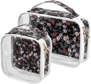 Flower-animal-skin-prints 2 Pieces Clear Makeup Cosmetic Bags for Traveling Vacation Organizing, Toiletry Bags for Women Men, PVC Waterproof Travel Organizer