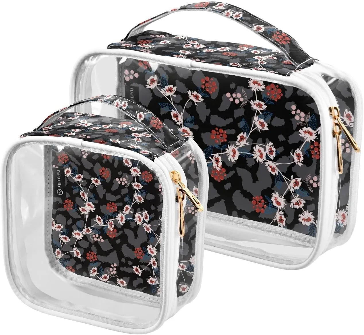 Flower-animal-skin-prints 2 Pieces Clear Makeup Cosmetic Bags for Traveling Vacation Organizing, Toiletry Bags for Women Men, PVC Waterproof Travel Organizer