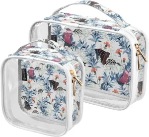 Flower Bird Butterfly 2 Pieces Clear Makeup Cosmetic Bags for Traveling Vacation Organizing, Toiletry Bags for Women Men, PVC Waterproof Travel Organizer
