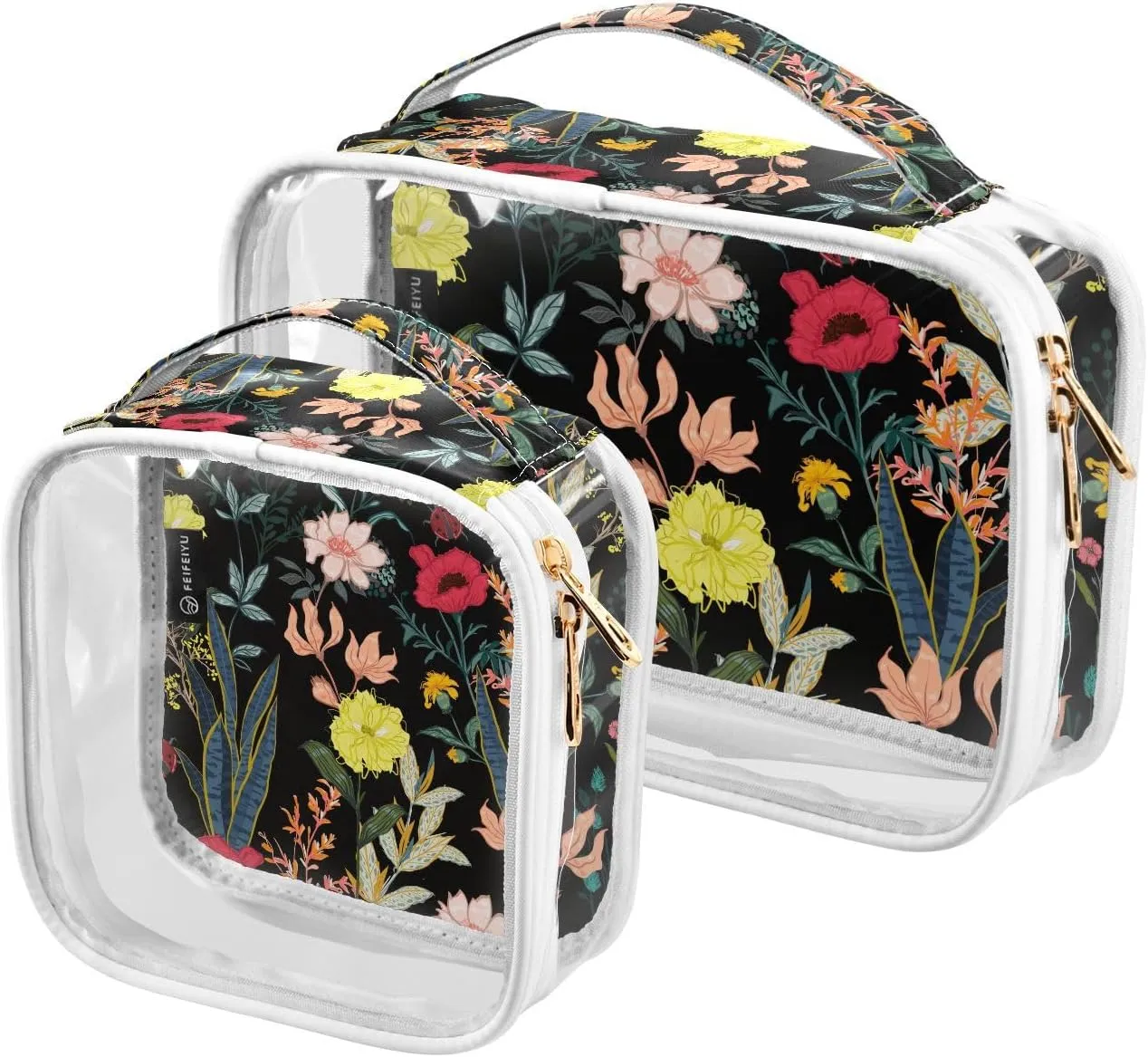 Flower-pattern 2 Pieces Clear Makeup Cosmetic Bags for Traveling Vacation Organizing, Toiletry Bags for Women Men, PVC Waterproof Travel Organizer
