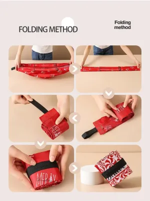 Foldable Reusable Shopping Bag, Waterproof Oxford Cloth, Compact Storage Pouch, Red (Red windmill)