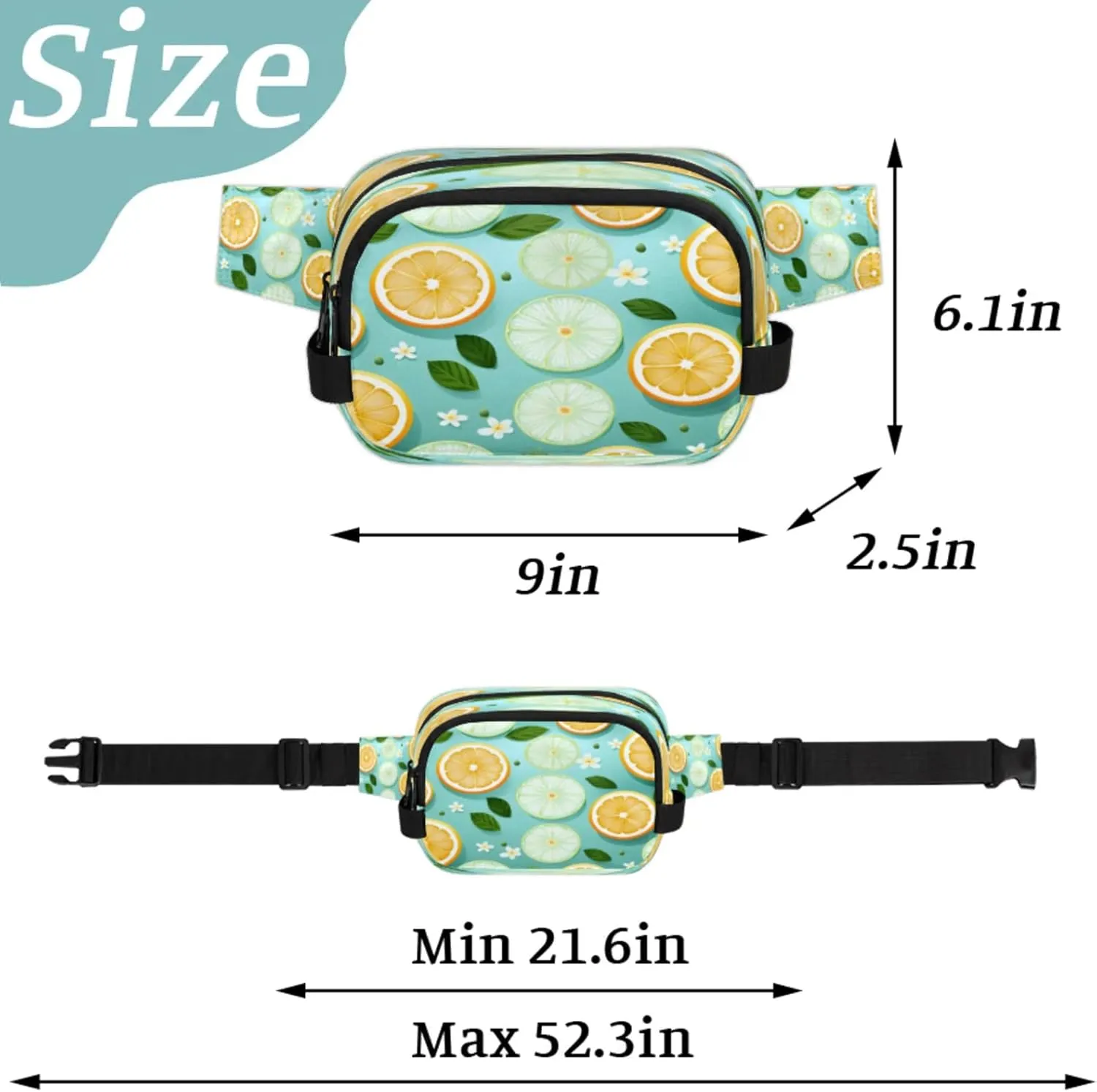 Fruity Slices Waterproof Unisex Square Fanny Pack, Adjustable Waist Bag with Pockets, Sturdy Lightweight Crossbody Bag for Travel, Running, Hiking (9x6.1x2.5 Inches)