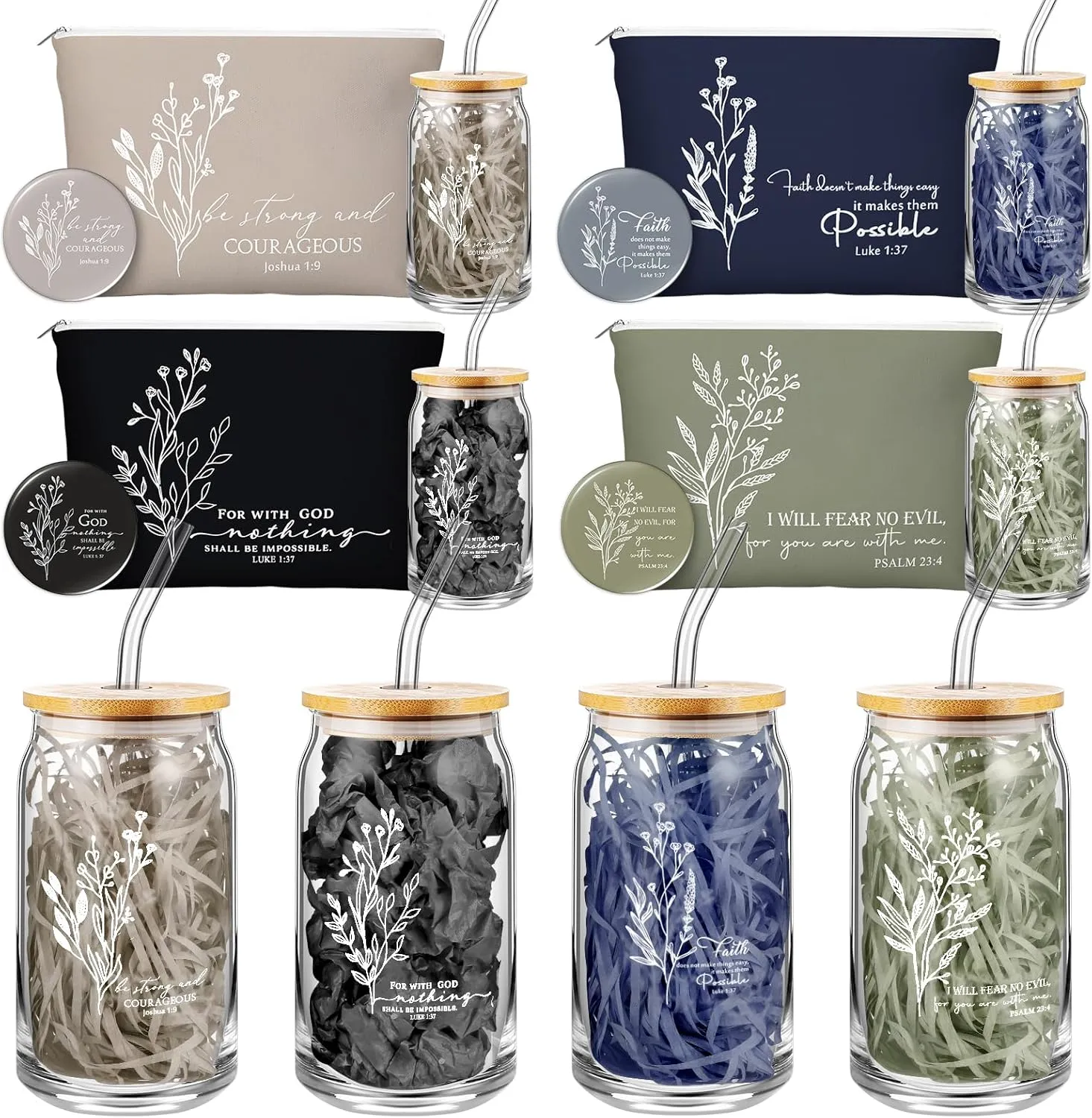 Fumete Christian Gift for Women Teacher School Graduation Flower Makeup Cosmetic Bag Bible Verse Glass Coffee Cup with Bamboo Lid Straw Mini Compact Mirror Religious Scripture Church(Bible-b,4 Sets)