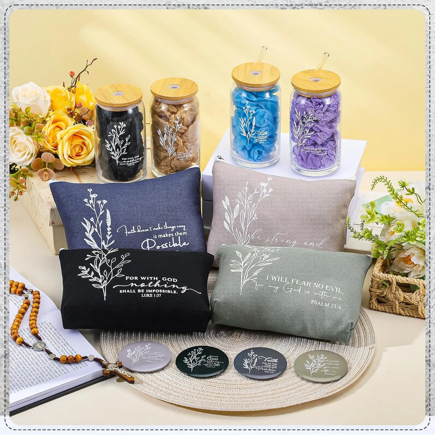 Fumete Christian Gift for Women Teacher School Graduation Flower Makeup Cosmetic Bag Bible Verse Glass Coffee Cup with Bamboo Lid Straw Mini Compact Mirror Religious Scripture Church(Bible-b,4 Sets)