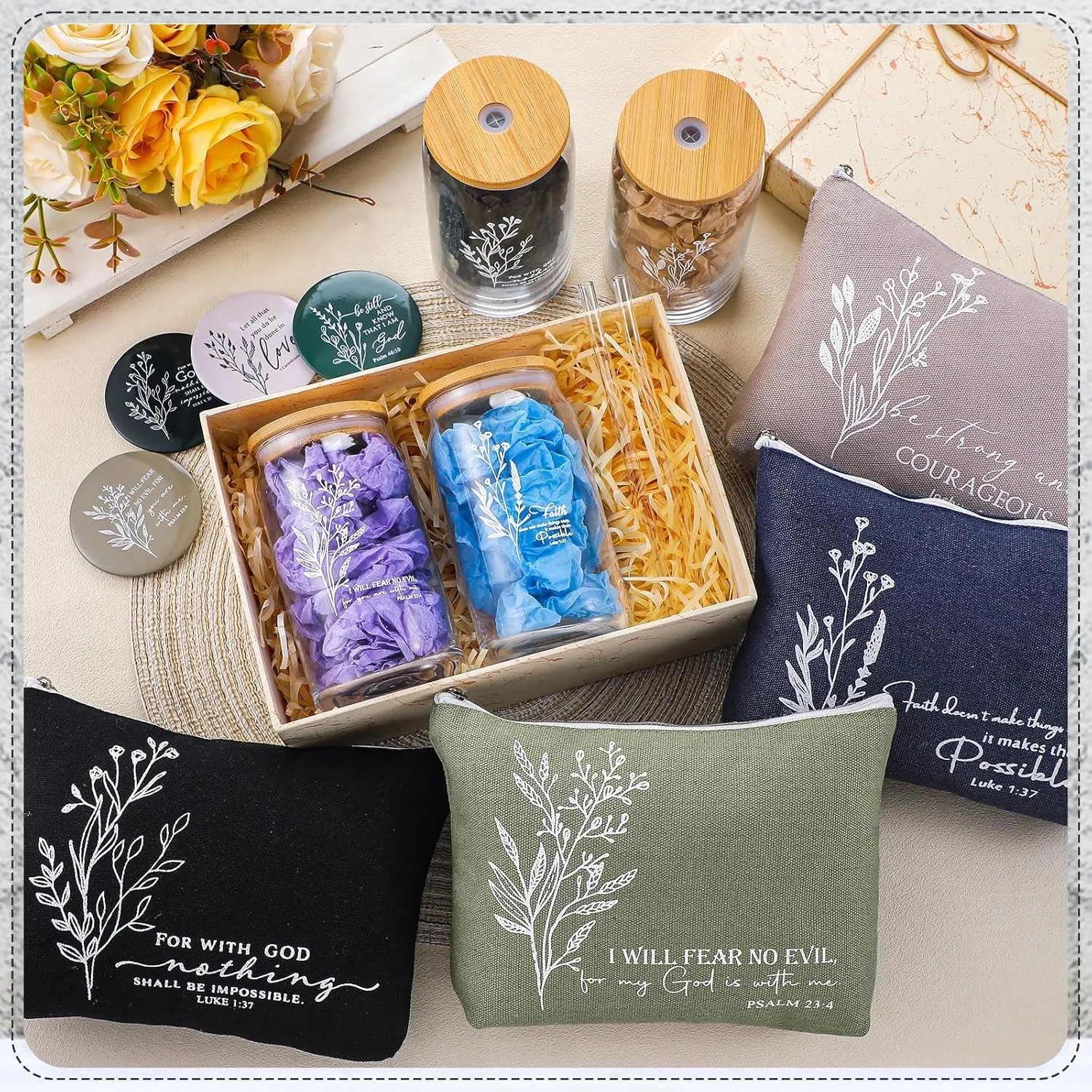 Fumete Christian Gift for Women Teacher School Graduation Flower Makeup Cosmetic Bag Bible Verse Glass Coffee Cup with Bamboo Lid Straw Mini Compact Mirror Religious Scripture Church(Bible-b,4 Sets)