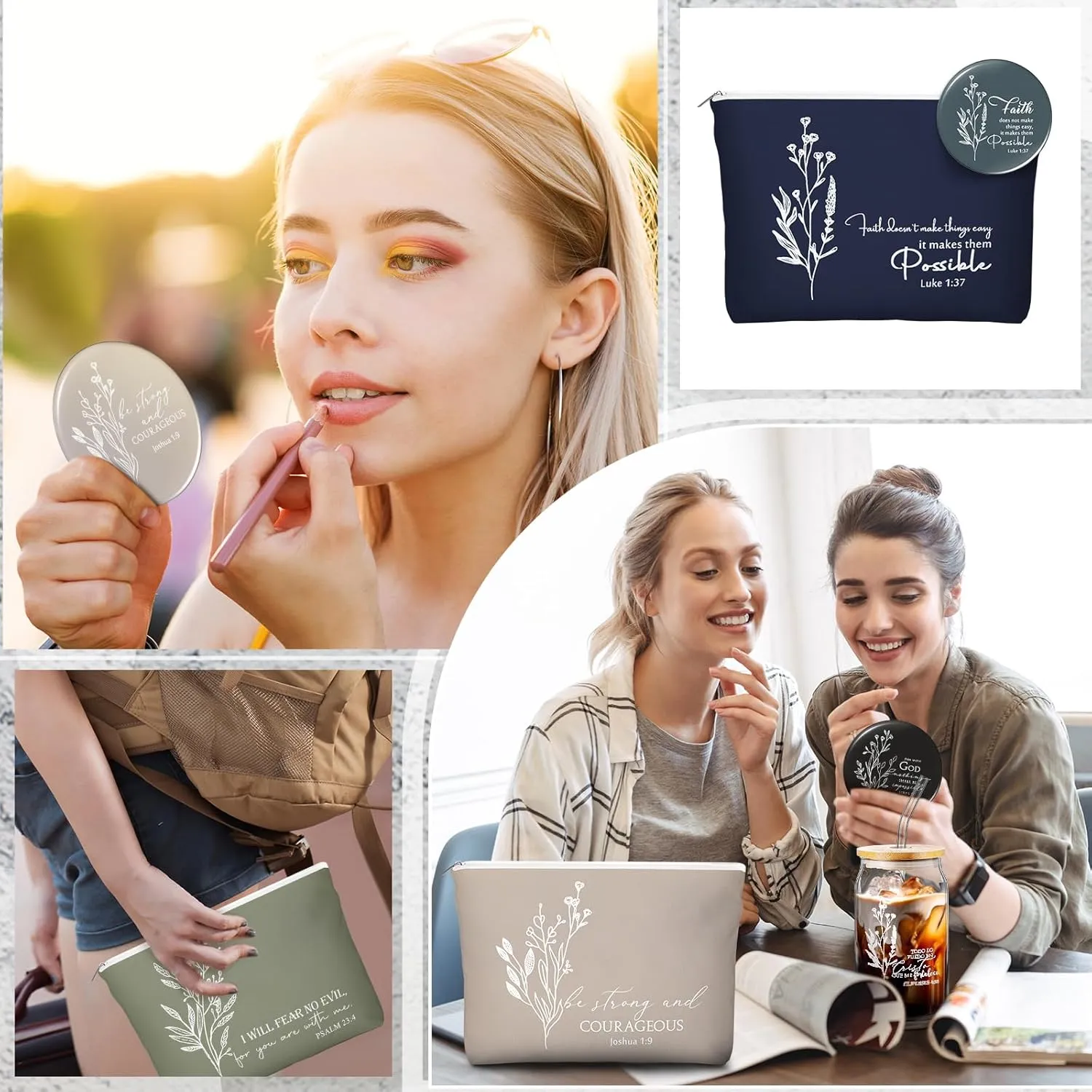 Fumete Christian Gift for Women Teacher School Graduation Flower Makeup Cosmetic Bag Bible Verse Glass Coffee Cup with Bamboo Lid Straw Mini Compact Mirror Religious Scripture Church(Bible-b,4 Sets)