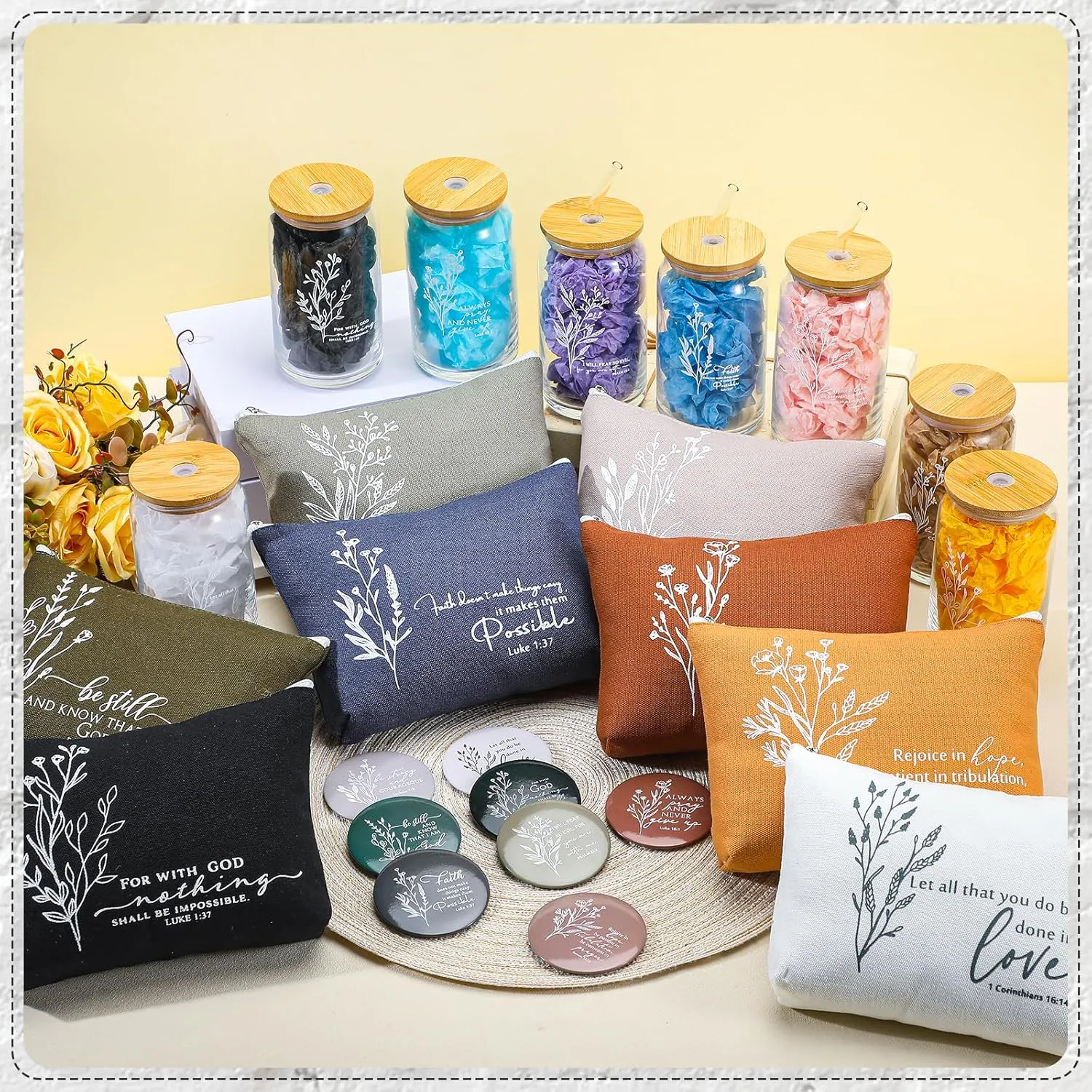 Fumete Christian Gift for Women Teacher School Graduation Flower Makeup Cosmetic Bag Bible Verse Glass Coffee Cup with Bamboo Lid Straw Mini Compact Mirror Religious Scripture Church(Bible-c,8 Sets)